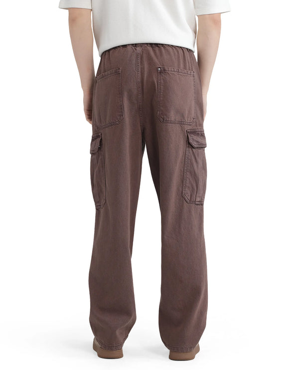 Rare Rabbit Men Hork Brown Cotton Fabric Elastic Waistband Multi Pocket Baggy Fit Cargo Style Jeans