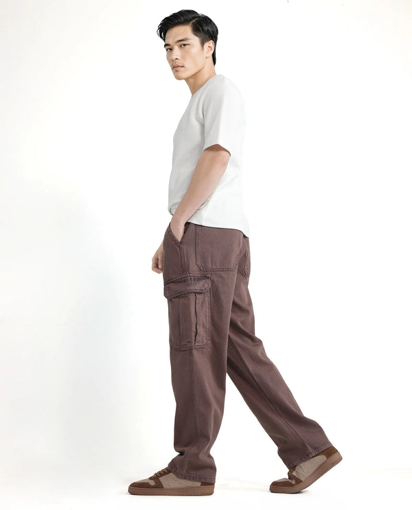 Rare Rabbit Men Hork Brown Cotton Fabric Elastic Waistband Multi Pocket Baggy Fit Cargo Style Jeans