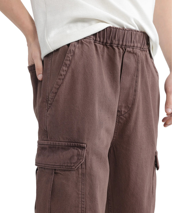 Rare Rabbit Men Hork Brown Cotton Fabric Elastic Waistband Multi Pocket Baggy Fit Cargo Style Jeans