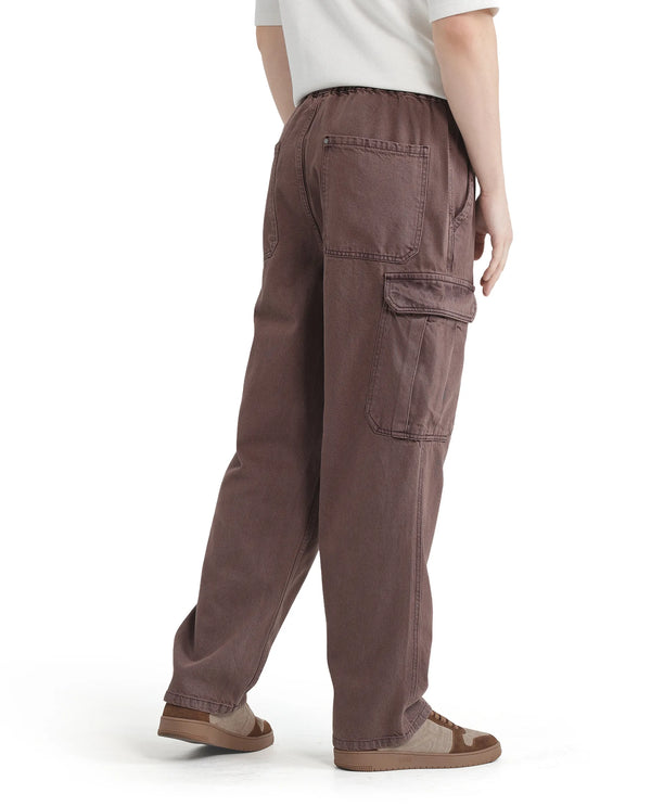 Rare Rabbit Men Hork Brown Cotton Fabric Elastic Waistband Multi Pocket Baggy Fit Cargo Style Jeans