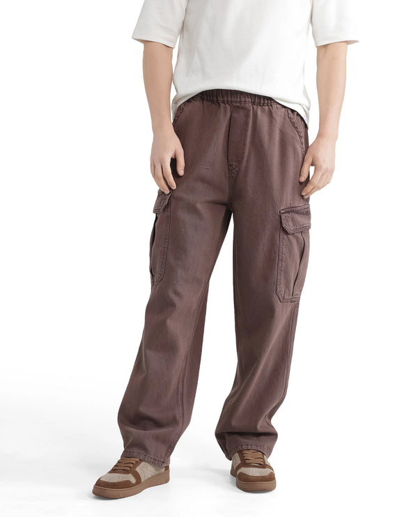 Rare Rabbit Men Hork Brown Cotton Fabric Elastic Waistband Multi Pocket Baggy Fit Cargo Style Jeans