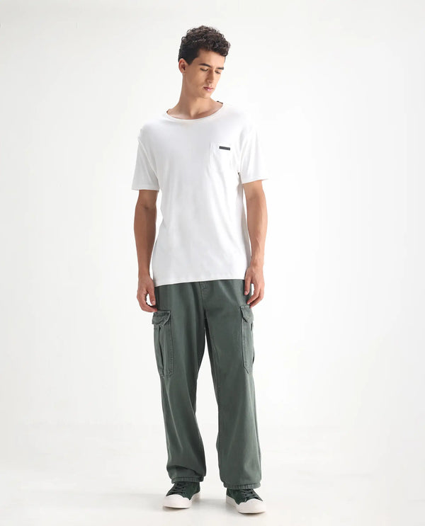 Rare Rabbit Men Hork Green Cotton Fabric Elastic Waistband Multi Pocket Baggy Fit Cargo Style Jeans