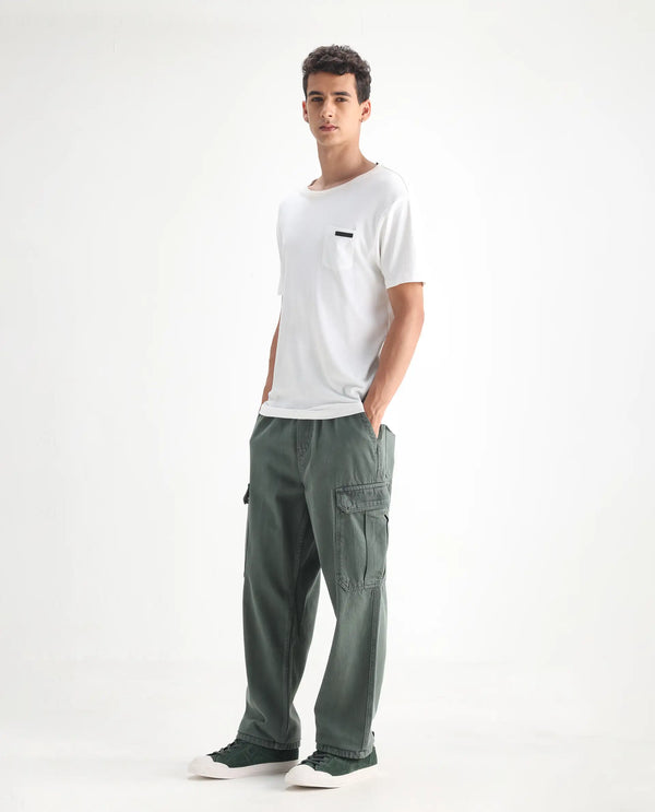 Rare Rabbit Men Hork Green Cotton Fabric Elastic Waistband Multi Pocket Baggy Fit Cargo Style Jeans