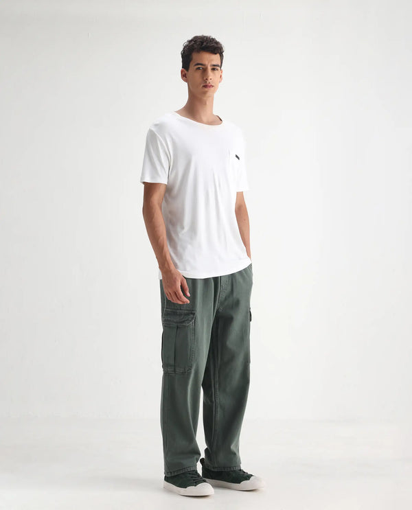 Rare Rabbit Men Hork Green Cotton Fabric Elastic Waistband Multi Pocket Baggy Fit Cargo Style Jeans