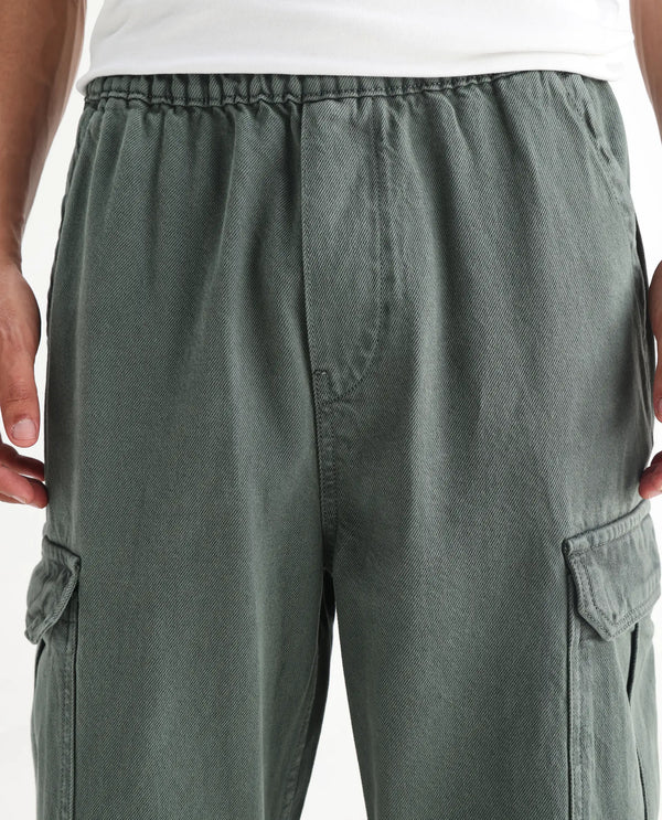 Rare Rabbit Men Hork Green Cotton Fabric Elastic Waistband Multi Pocket Baggy Fit Cargo Style Jeans