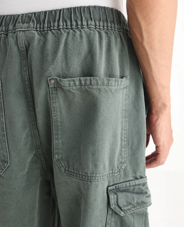 Rare Rabbit Men Hork Green Cotton Fabric Elastic Waistband Multi Pocket Baggy Fit Cargo Style Jeans