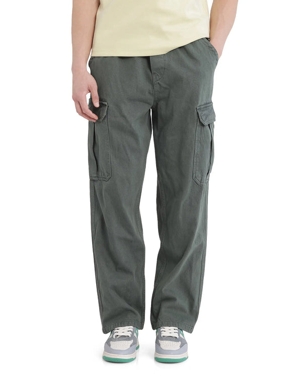 Rare Rabbit Men Hork Green Cotton Fabric Elastic Waistband Multi Pocket Baggy Fit Cargo Style Jeans