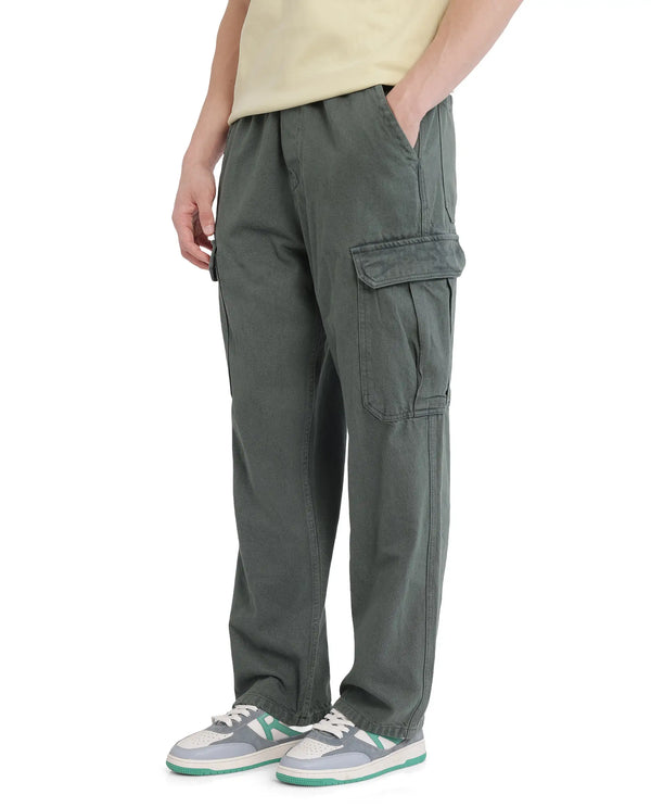 Rare Rabbit Men Hork Green Cotton Fabric Elastic Waistband Multi Pocket Baggy Fit Cargo Style Jeans