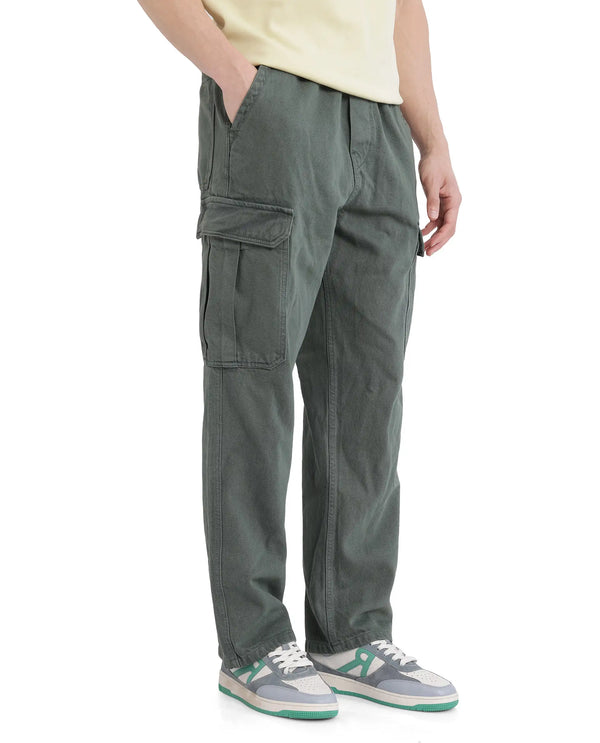 Rare Rabbit Men Hork Green Cotton Fabric Elastic Waistband Multi Pocket Baggy Fit Cargo Style Jeans