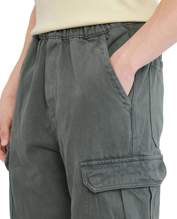 Rare Rabbit Men Hork Green Cotton Fabric Elastic Waistband Multi Pocket Baggy Fit Cargo Style Jeans