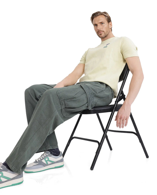 Rare Rabbit Men Hork Green Cotton Fabric Elastic Waistband Multi Pocket Baggy Fit Cargo Style Jeans