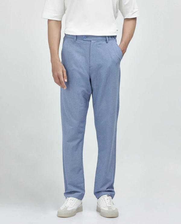 Rare Rabbit Men's Horon Blue Cotton Blend Fabric Baggy Fit Plain Trouser