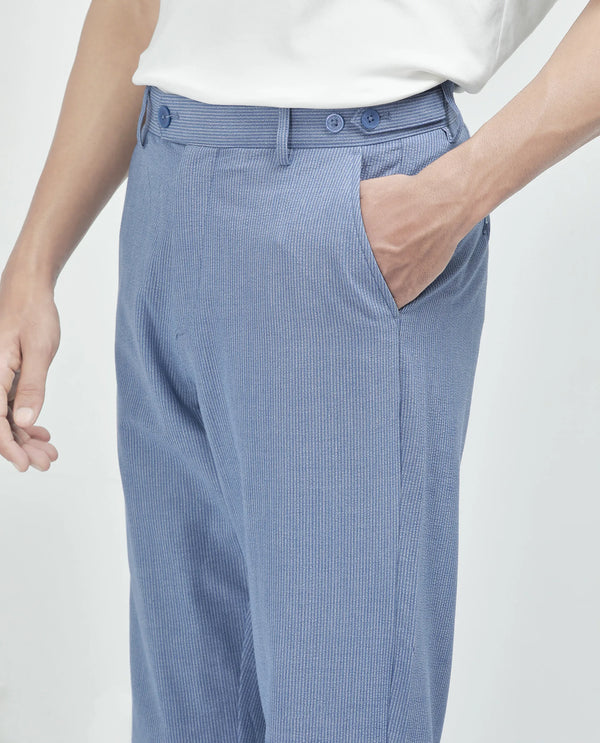 Rare Rabbit Men's Horon Blue Cotton Blend Fabric Baggy Fit Plain Trouser