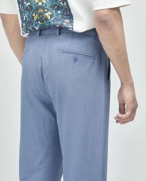 Rare Rabbit Men's Horon Blue Cotton Blend Fabric Baggy Fit Plain Trouser
