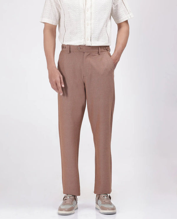 Rare Rabbit Men's Horon Rust Cotton Blend Fabric Baggy Fit Plain Trouser