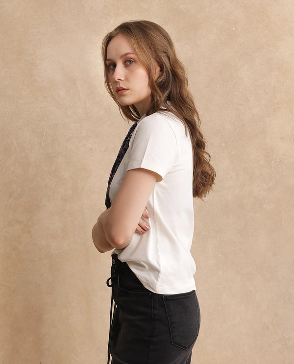 Rareism Women Hosta Off White Cotton Blend Fabric Short Sleeve Crew Neck T-Shirt