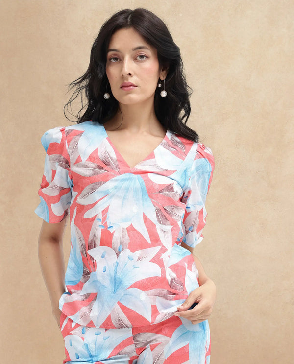 Rareism Women Housto-T Pink Cotton Fabric Regular Sleeves V-Neck Floral Print Short Top