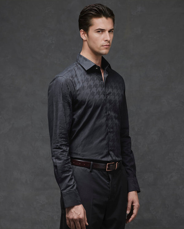 Rare Rabbit Mens Hox Black Shirt Full Sleeve Regular Collar Regular Fit Tonal Houndstooth Print Shirt