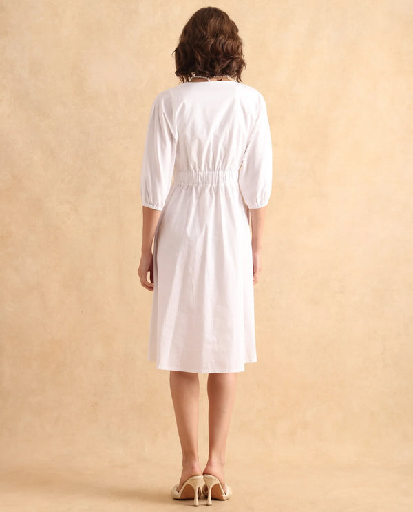 Rareism Women Huibv White Bishop Sleeves Round Neck Fit & Flare Knee Length Plain Dress