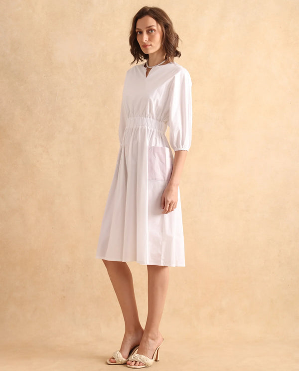 Rareism Women Huibv White Bishop Sleeves Round Neck Fit & Flare Knee Length Plain Dress