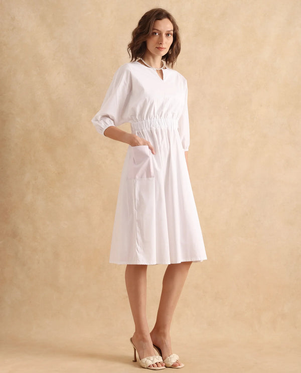 Rareism Women Huibv White Bishop Sleeves Round Neck Fit & Flare Knee Length Plain Dress
