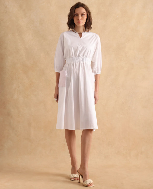 Rareism Women Huibv White Bishop Sleeves Round Neck Fit & Flare Knee Length Plain Dress
