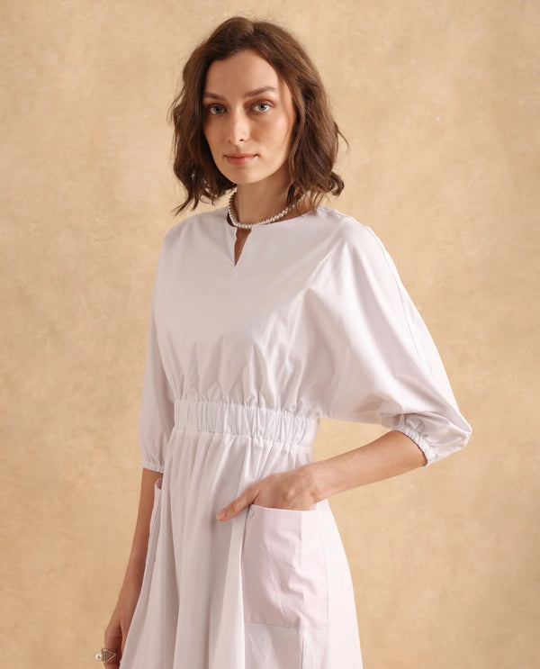 Rareism Women Huibv White Bishop Sleeves Round Neck Fit & Flare Knee Length Plain Dress