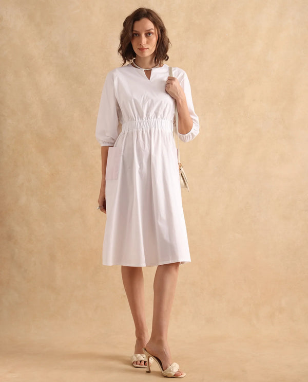 Rareism Women Huibv White Bishop Sleeves Round Neck Fit & Flare Knee Length Plain Dress
