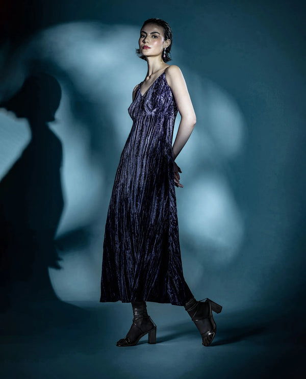 Rareism Women Harbo Purple Velvet Sleeveless Shoulder Straps Zipper Closure Fit And Flare Maxi Plain Dress