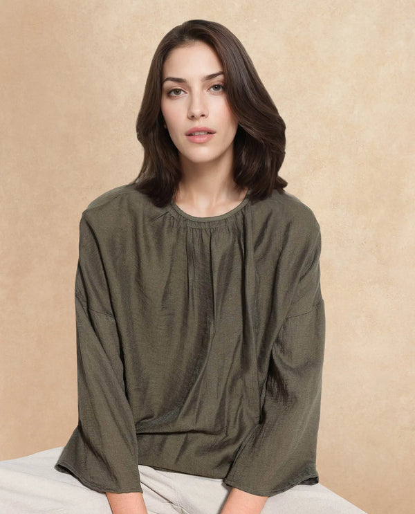 Rareism Women Husik Olive Raglan Sleeves Crew Neck Relaxed Fit Plain Top