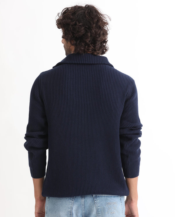 Rare Rabbit Mens Husk Navy Sweater Cotton Acrylic Fabric High Neck Knitted Full Sleeves Zipper Closure Comfortable Fit