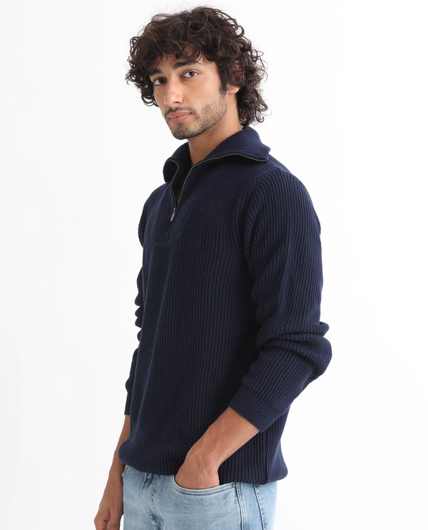 Rare Rabbit Mens Husk Navy Sweater Cotton Acrylic Fabric High Neck Knitted Full Sleeves Zipper Closure Comfortable Fit