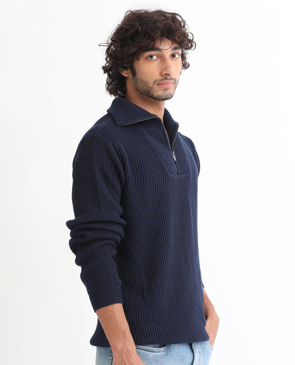 Rare Rabbit Mens Husk Navy Sweater Cotton Acrylic Fabric High Neck Knitted Full Sleeves Zipper Closure Comfortable Fit