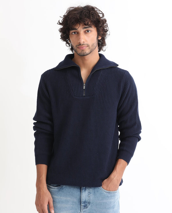 Rare Rabbit Mens Husk Navy Sweater Cotton Acrylic Fabric High Neck Knitted Full Sleeves Zipper Closure Comfortable Fit
