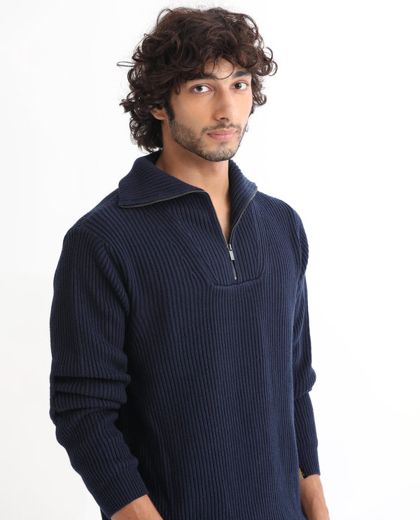 Rare Rabbit Mens Husk Navy Sweater Cotton Acrylic Fabric High Neck Knitted Full Sleeves Zipper Closure Comfortable Fit