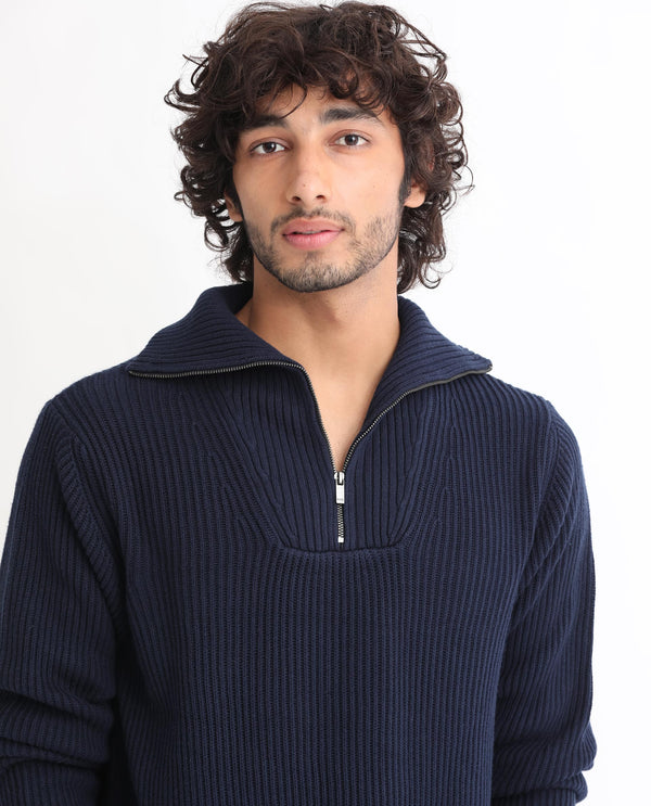 Rare Rabbit Mens Husk Navy Sweater Cotton Acrylic Fabric High Neck Knitted Full Sleeves Zipper Closure Comfortable Fit
