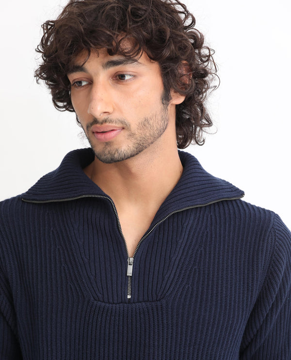 Rare Rabbit Mens Husk Navy Sweater Cotton Acrylic Fabric High Neck Knitted Full Sleeves Zipper Closure Comfortable Fit