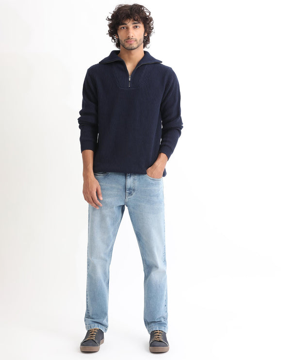 Rare Rabbit Mens Husk Navy Sweater Cotton Acrylic Fabric High Neck Knitted Full Sleeves Zipper Closure Comfortable Fit