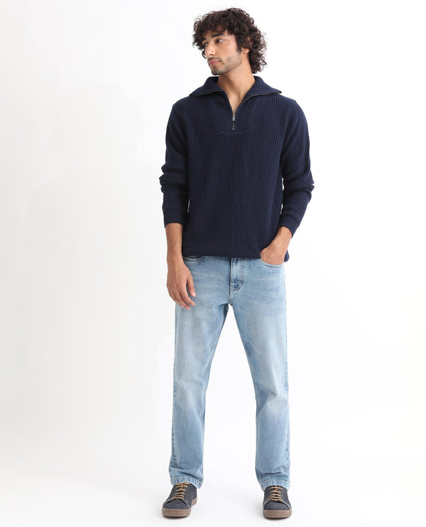 Rare Rabbit Mens Husk Navy Sweater Cotton Acrylic Fabric High Neck Knitted Full Sleeves Zipper Closure Comfortable Fit