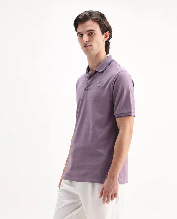 Rare Rabbit Men's Hux Dusky Purple Cotton Fabric Short Sleeves Collared Neck Plain Knit Polo T-Shirt