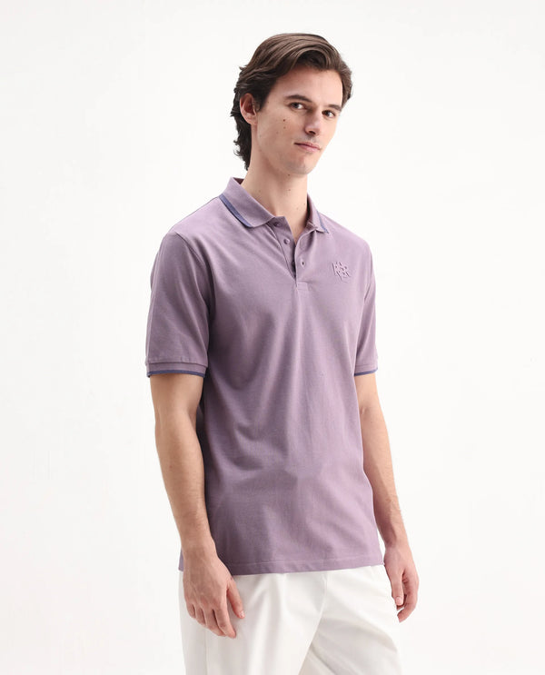 Rare Rabbit Men's Hux Dusky Purple Cotton Fabric Short Sleeves Collared Neck Plain Knit Polo T-Shirt
