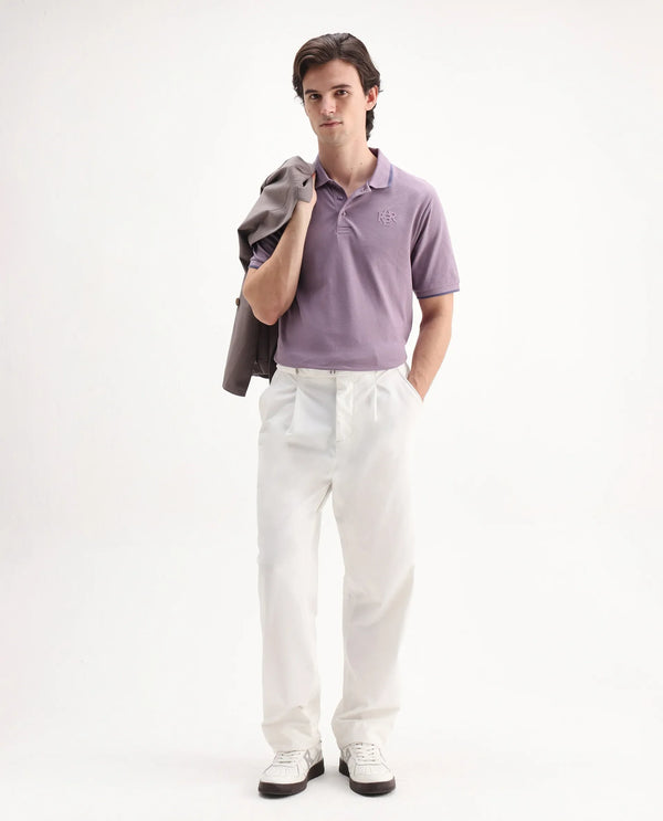 Rare Rabbit Men's Hux Dusky Purple Cotton Fabric Short Sleeves Collared Neck Plain Knit Polo T-Shirt