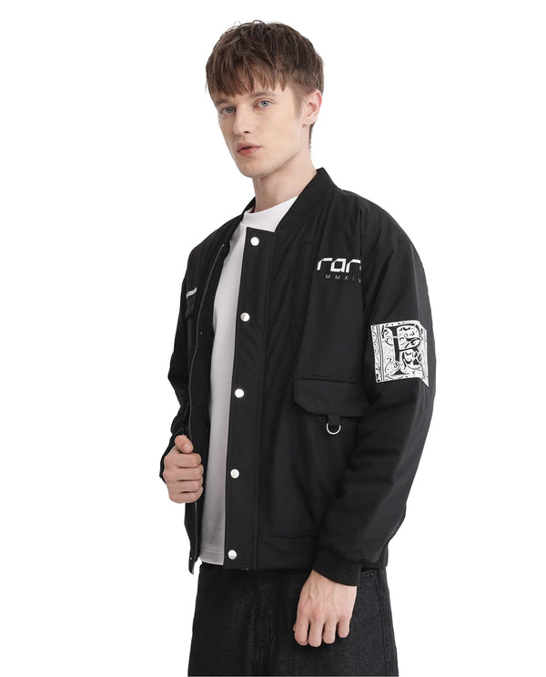 Rare Rabbit Men Huxley Black Polyester Fabric Full Sleeves Ribbed Collar Zipper Closure Plain Jacket