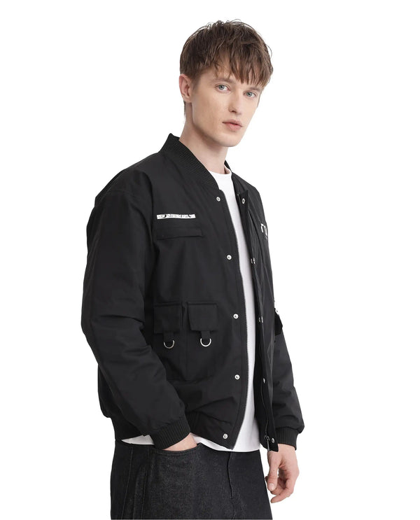 Rare Rabbit Men Huxley Black Polyester Fabric Full Sleeves Ribbed Collar Zipper Closure Plain Jacket