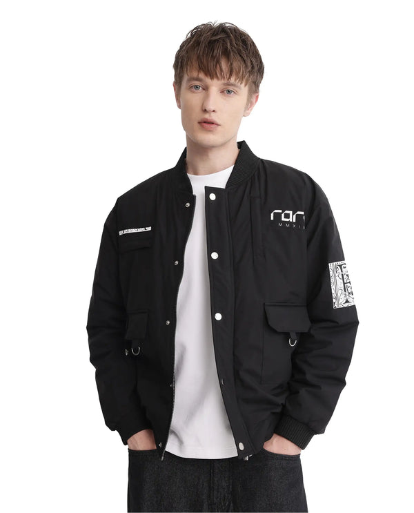 Rare Rabbit Men Huxley Black Polyester Fabric Full Sleeves Ribbed Collar Zipper Closure Plain Jacket