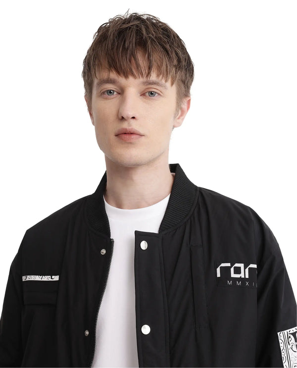 Rare Rabbit Men Huxley Black Polyester Fabric Full Sleeves Ribbed Collar Zipper Closure Plain Jacket