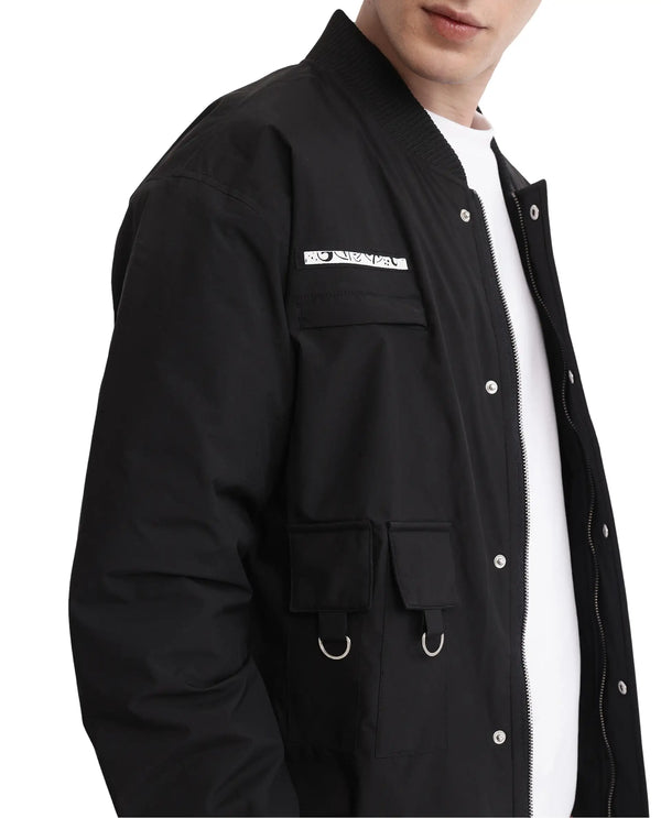 Rare Rabbit Men Huxley Black Polyester Fabric Full Sleeves Ribbed Collar Zipper Closure Plain Jacket