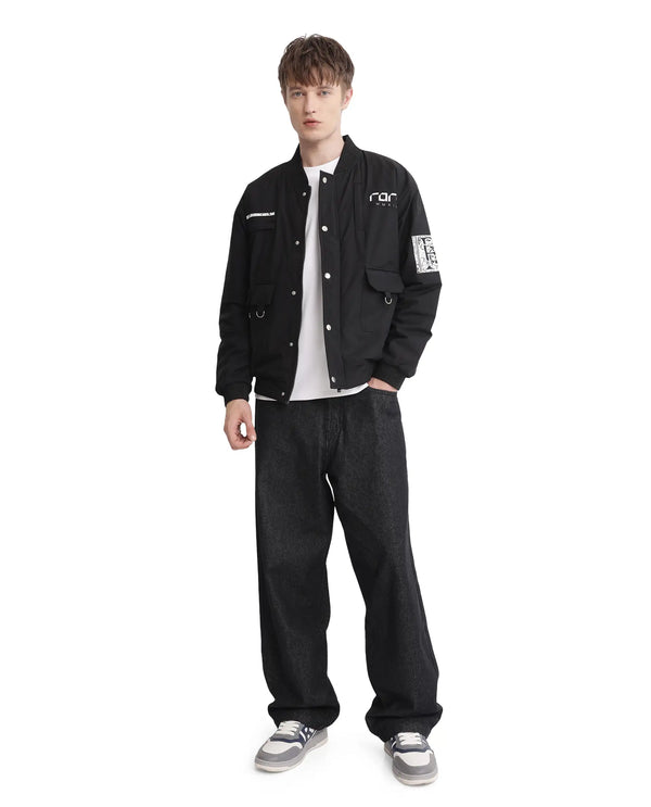 Rare Rabbit Men Huxley Black Polyester Fabric Full Sleeves Ribbed Collar Zipper Closure Plain Jacket