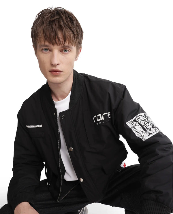 Rare Rabbit Men Huxley Black Polyester Fabric Full Sleeves Ribbed Collar Zipper Closure Plain Jacket