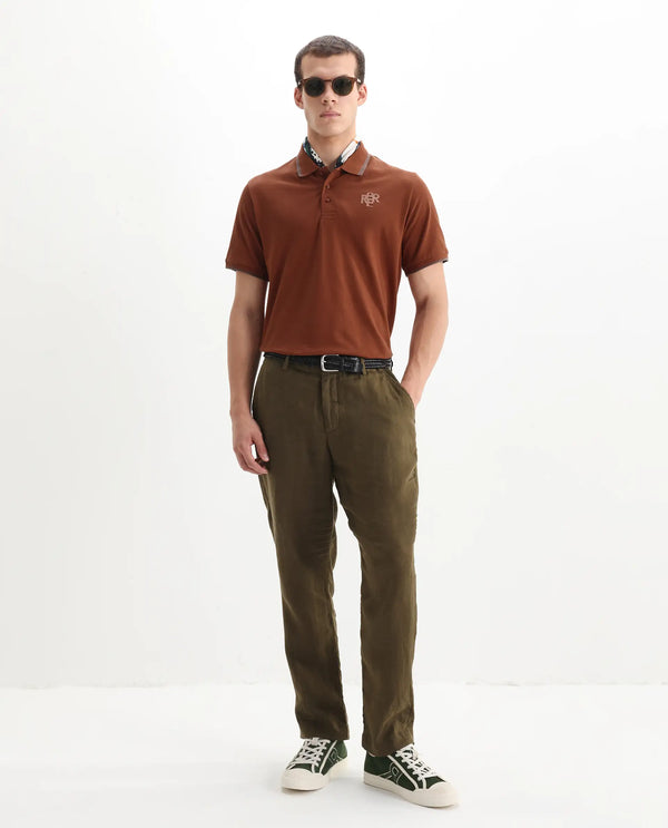 Rare Rabbit Men's Hux Rust Cotton Fabric Short Sleeves Collared Neck Plain Knit Polo T-Shirt